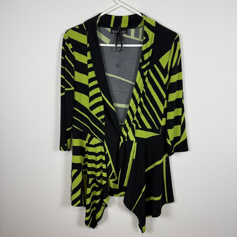 Frank Lyman Design Lime Green Black Geometric Open Front Cardigan Jacket 4